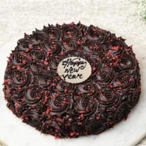 Chocolate Velvet New Year Cake with a smooth chocolate finish and festive New Year decorations, ideal for holiday celebrations.