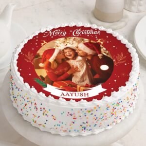 Christmas Photo Celebration Cake featuring a personalized edible image and festive decorations, ideal for celebrating Christmas and creating lasting memories.