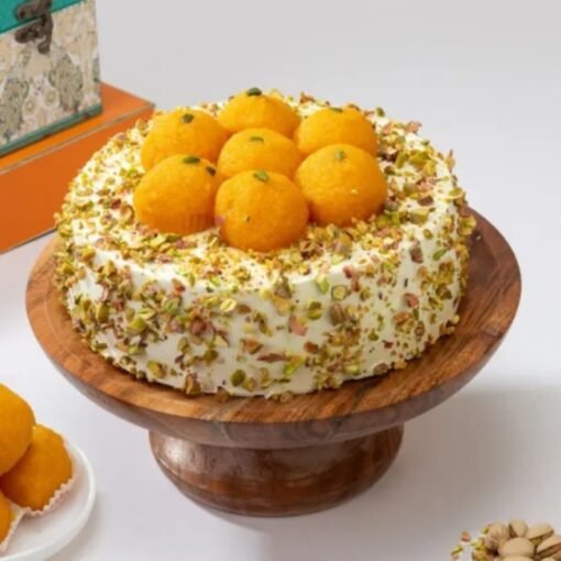 Motichoor Ladoo Delight Cake featuring layers of cake and motichoor ladoo, ideal for festive celebrations and special occasions.