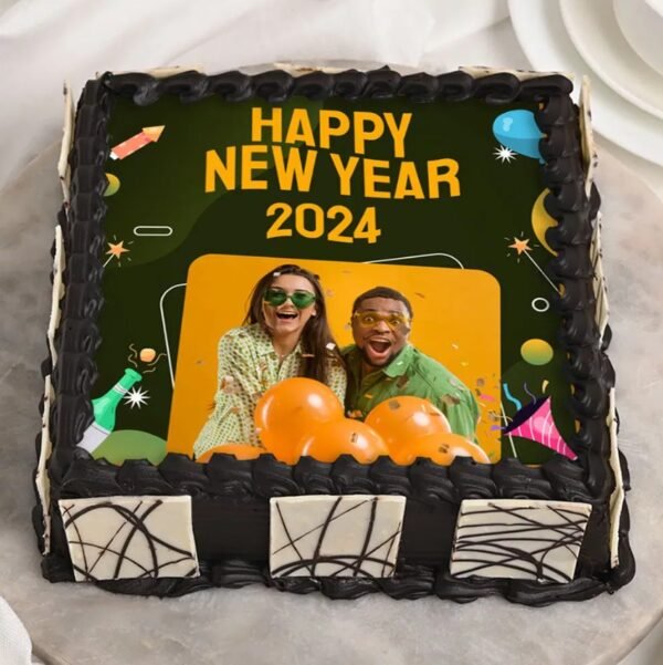 New Year Photo Square Cake – a square cake with a custom photo, perfect for celebrating New Year with a personal touch.