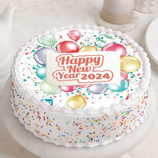 New Year Sparkle Party Cake with shimmering decorations and vibrant colors, perfect for adding festive flair to your New Year's party.