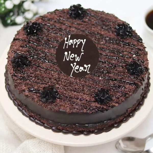 New Year Truffle Delight cake with rich chocolate truffle layers and elegant New Year-themed decorations, ideal for holiday celebrations.