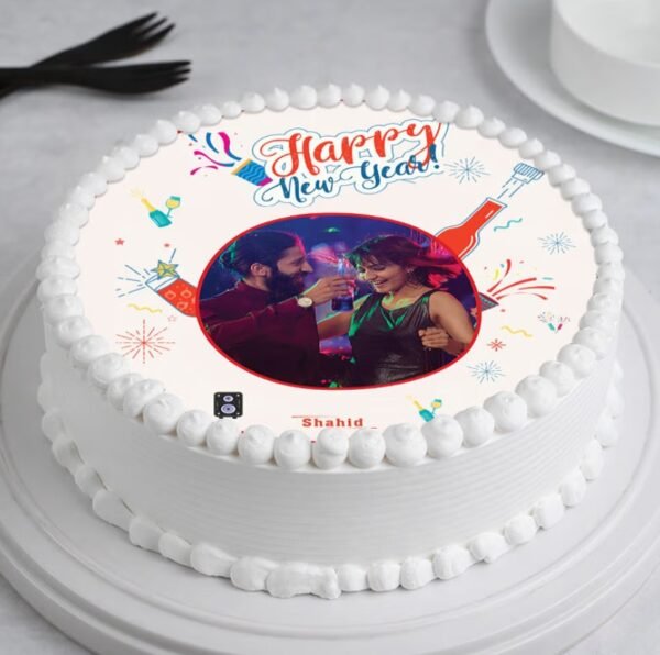 Photo New Year Cake with custom photo design, adding a personal touch to your New Year’s celebration and making it memorable.