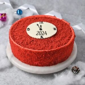 Red Velvet New Year Cake – a vibrant red velvet cake with cream cheese frosting, perfect for New Year’s celebrations.