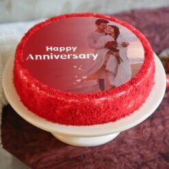 Red Velvet Photo Anniversary Cake with personalized photo design and layers of rich red velvet, perfect for commemorating your love.