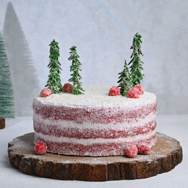 Scarlet Christmas Joy Cake – a vibrant red Christmas cake with festive decorations, perfect for adding holiday cheer to celebrations.