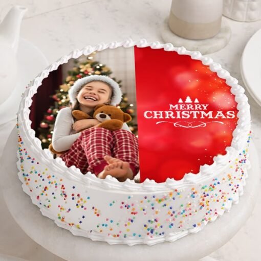 Sprinkled Christmas Photo Cake with colorful holiday sprinkles and a customizable photo, perfect for festive celebrations and family gatherings.