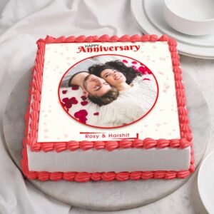 Square Love Frame Cake with customizable photo, perfect for anniversaries or celebrations.