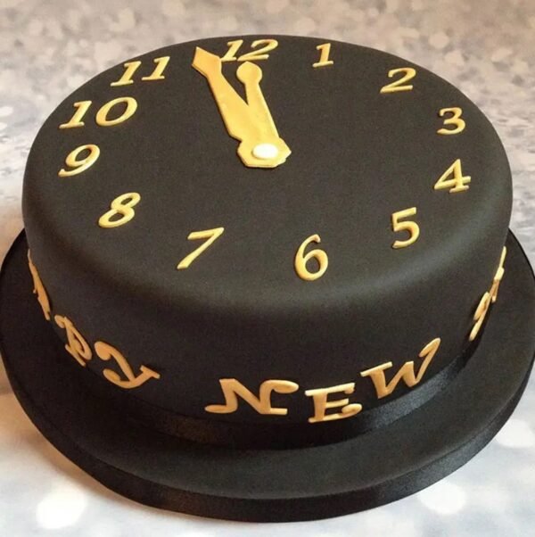 Tick-Tock New Year Cake featuring clock decorations counting down to midnight, perfect for celebrating New Year’s Eve with friends and family.