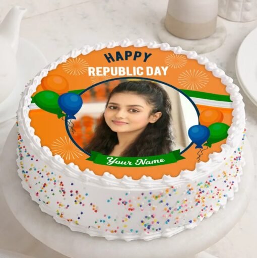 Tricolor Celebration Photo Cake with vibrant layers in national colors and a personalized image, perfect for Republic Day festivities.