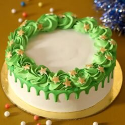 Tropical Xmas Wreath Cake decorated with tropical fruits and festive elements, capturing the essence of a joyful holiday celebration.