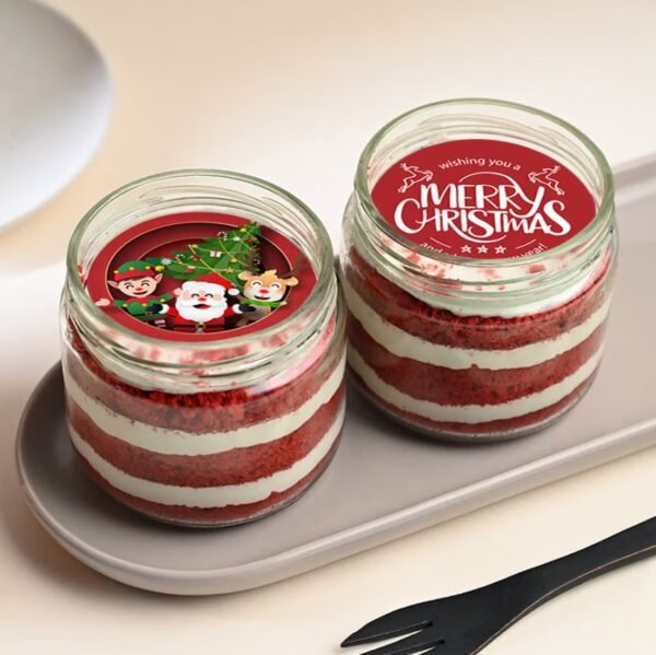 Xmas Red Velvet Jar Cake Duo, two jars of rich red velvet cake with creamy layers, ideal for holiday gifts and Christmas celebrations.