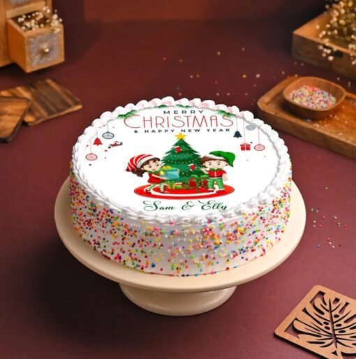 Whimsical Christmas Delight Cake featuring festive decorations and delightful flavors for a magical holiday treat.