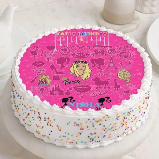 A vibrant Funfetti Fiesta Barbie Cake decorated with colorful sprinkles and a glamorous Barbie theme.