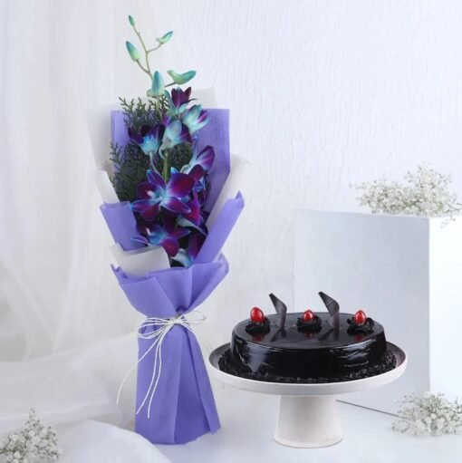 Orchid Essence & Chocolate Cake combo featuring elegant orchids and a delicious, indulgent chocolate cake, ideal for special occasions.