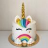 Beautiful unicorn-themed cake with a golden horn, pastel frosting, and floral accents, perfect for birthdays and parties.