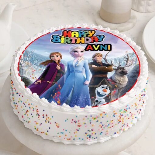 Frozen Wonders Cake featuring frosty, ice-blue designs with shimmering details, perfect for winter or Frozen-themed celebrations.