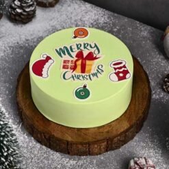 Gourmet Christmas Joy Cake with intricate decorations, showcasing festive colors and holiday-themed accents, perfect for a luxurious Christmas dessert.