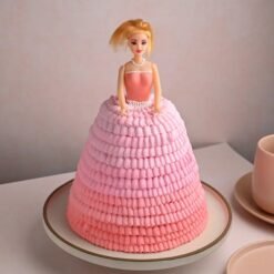 Regal Barbie Ball Cake featuring a beautiful Barbie doll in a royal ball gown, surrounded by intricate details for an exquisite celebration.