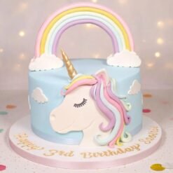 Vibrant unicorn-themed cake with rainbow colors, a golden horn, and pastel decorations, ideal for birthday parties.