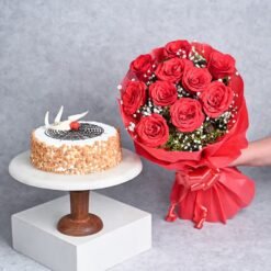 Radiant roses bouquet with a rich butterscotch cake, an ideal gift for special occasions.