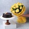 A delectable cake paired with a stunning bouquet of lustrous roses, making the perfect gift for any celebration.