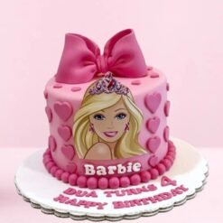 A beautiful Rosy Glow Barbie Cake, with a radiant Barbie figure surrounded by soft, rosy hues, creating a magical and elegant atmosphere.