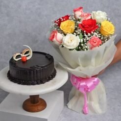 Chocolate truffle cake with blooming floral decorations, perfect for an elegant and delightful celebration.