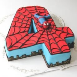 Spiderman Four-astic Cake featuring Spiderman design, vibrant red and blue colors, and fun superhero elements for a birthday celebration.