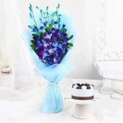 Galactic Orchids & Black Forest Cake combo with vibrant orchids and a decadent black forest cake, ideal for celebrating special moments.