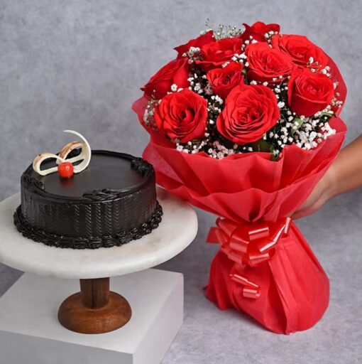 Luxurious chocolate truffle cake paired with elegant roses, perfect for celebrations and gifting.