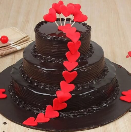 Valentine Truffle Tier Cake with chocolate layers, truffle accents, and romantic decorations, perfect for Valentine's Day.