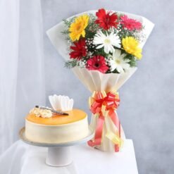 Gerbera Blossom & Butterscotch Cake combo with vibrant gerbera flowers and a creamy butterscotch cake, ideal for gifting on special occasions.