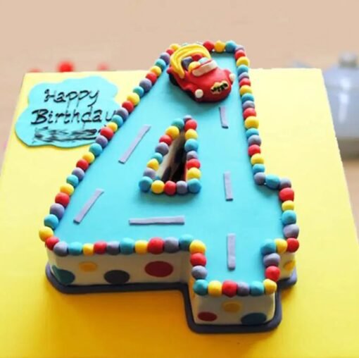 Fantastic Four Celebration Cake decorated with colorful accents, the number four, and festive elements, perfect for a fourth birthday party.
