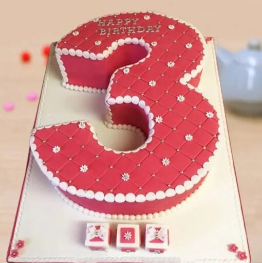 Thrilling Three Number Cake featuring bold, colorful number three design with fun decorations, perfect for a third birthday celebration.