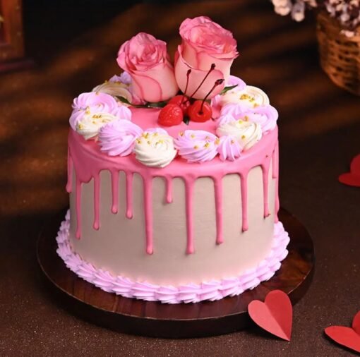 Rosy Valentine Cream Cake adorned with pink cream and delicate rose details, ideal for a romantic Valentine’s Day celebration.
